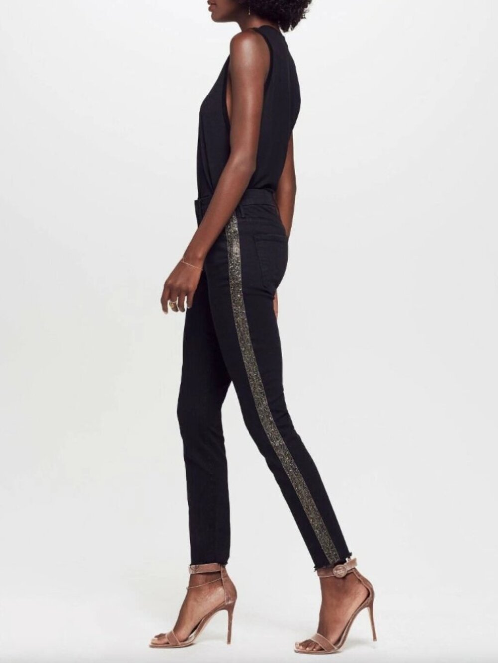 MOTHER High Waist Looker Ankle Fray Guilty Flash Beaded Black Jean Size 27